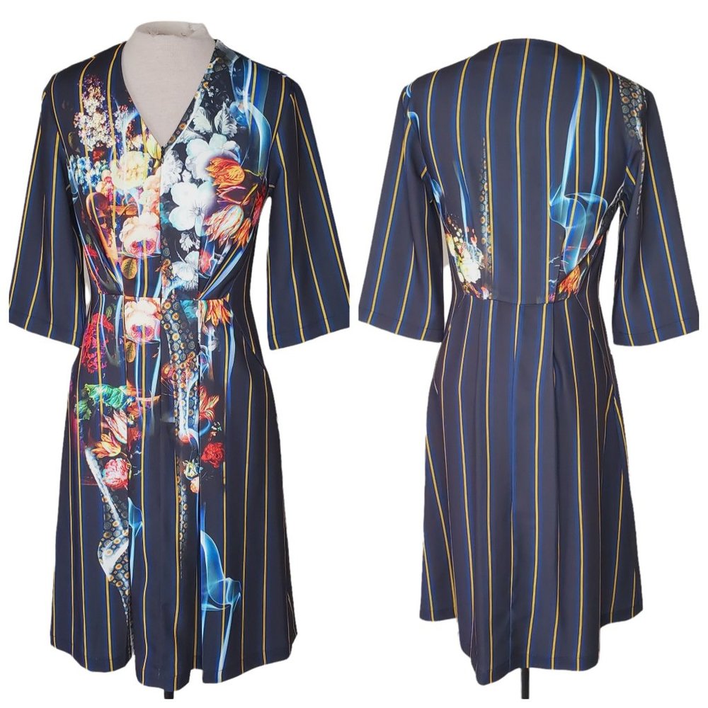 CLOVER CANYON USA Navy Luxury Floral V-Neck Graphic Summer Sheath Dress